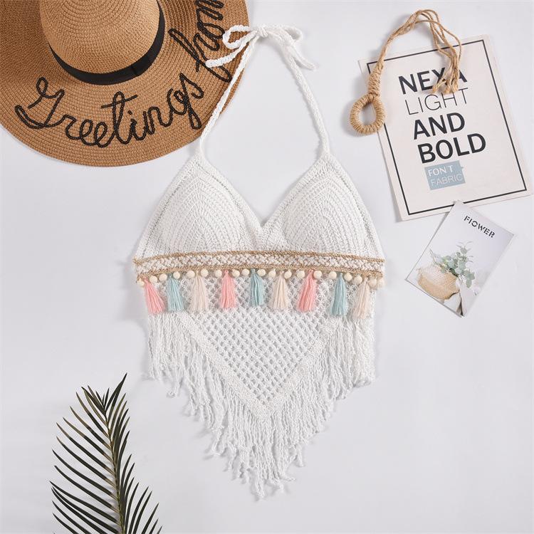 Lace-up Neck Small Vest, Sling Women's Summer Short Style with Chest Pad Inside, Backless Hollow Tube Top Embroidered Vest