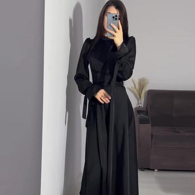 Waist Tie Solid Color Long Sleeve Long Dresses