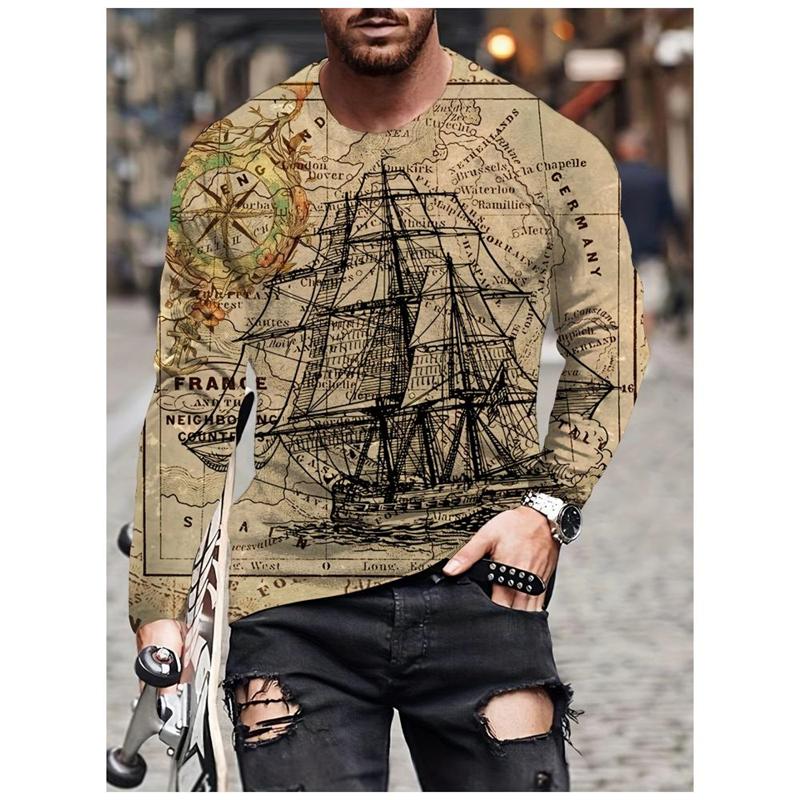 Vintage Compass Graphic Men's T-shirts Fashion Spring Autumn Long Sleeve Round 3D Printed Loose Streetwear Tops
