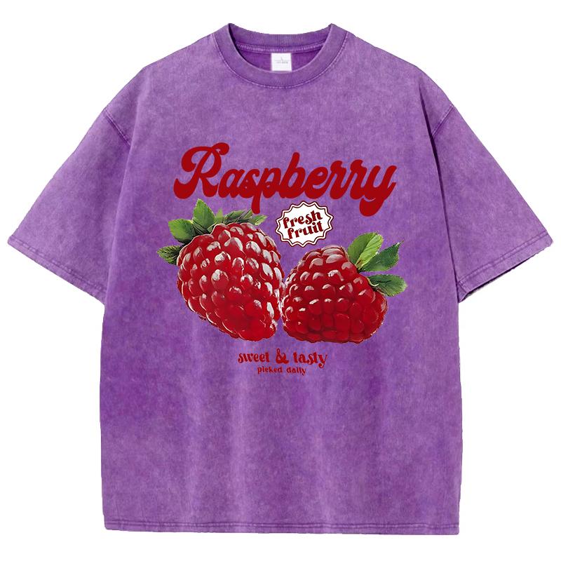 T-shirts Lavés Imprimés Fruits Frais Framboise pour Femmes Hauts en Coton Confortables T-shirts Décontractés à Col Rond Vêtements d'Été pour Femmes