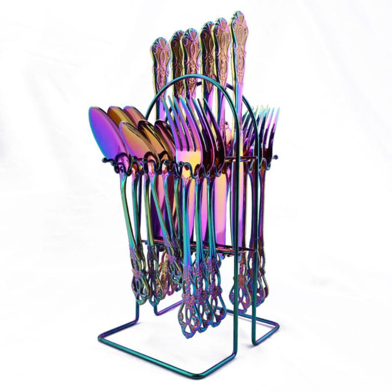 24PCS Vintage Tableware Cutlery Set Dinner Knife Fork Spoon Flatware Set Western Style Luxury Engraving Dinnerware with Rack Set