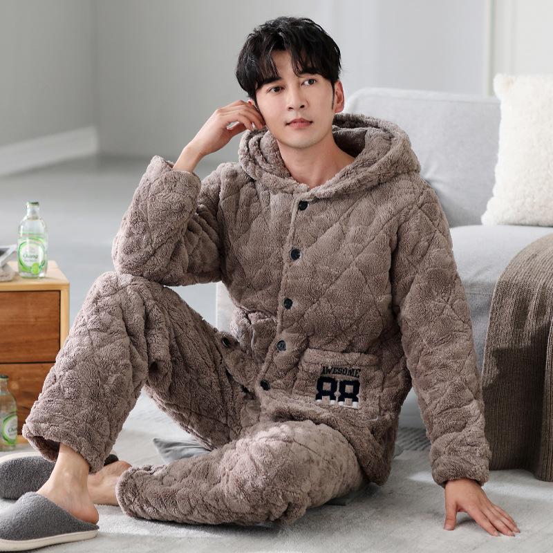 

Пижама мужская зимняя и зимняя коралловый флис с подкладкой из хлопка трехслойная утолщенная флисовая теплая осенне-зимняя домашняя одежда большой размер комплект 3XL