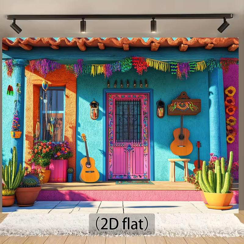 2D Mexican Fiesta Backdrop, Bright Blue Pink House Scene Background for Garage Door Decor
