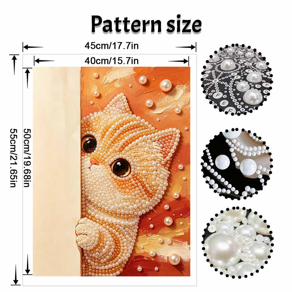 Creative DIY Framed Pearl Art Kit with Cute Orange Cat Pattern Sparkling Bead Canvas Ready to Display Relaxing Gift for Adults Home Decor
