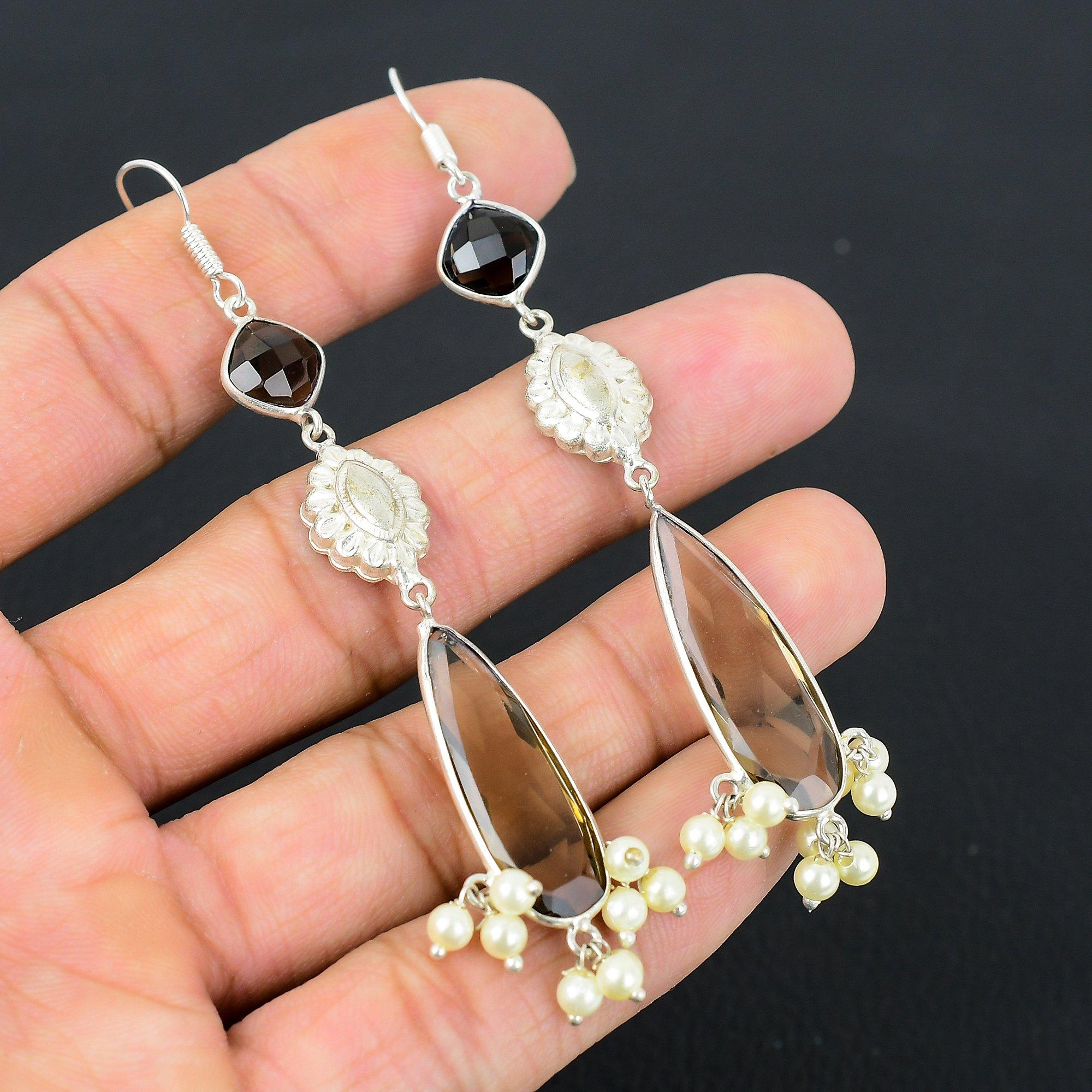 

Daughters Day Sale Smokey Quartz Stone 925 Sterling Silver Dangle Drop Earrings