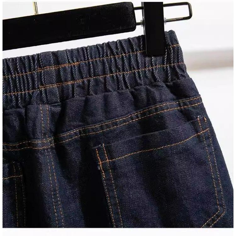 Retro Dark Blue Straight Leg Cropped Pants Jeans for Women Spring Elastic Waisted Wide Leg Pants