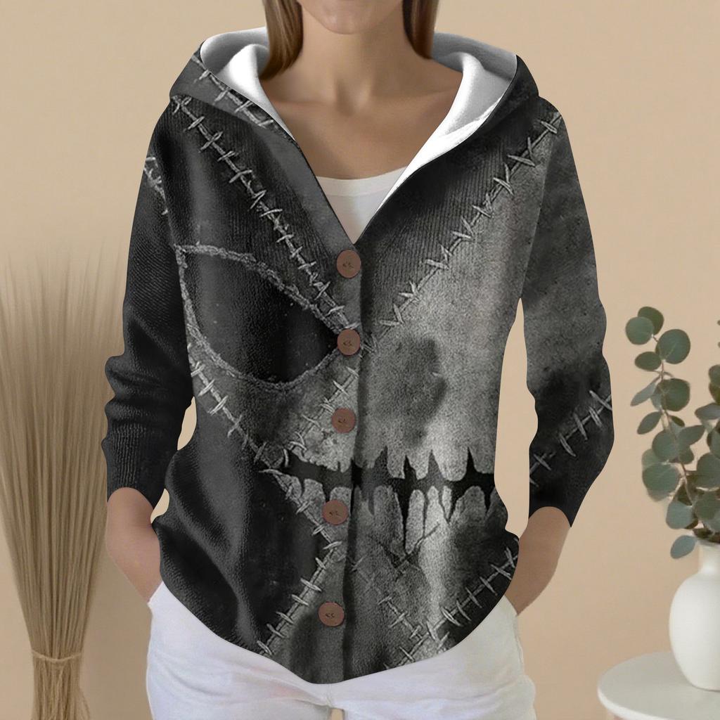 Women's Fashion Casual Sweater Button-Up Print Cardigan  Hooded Jacket