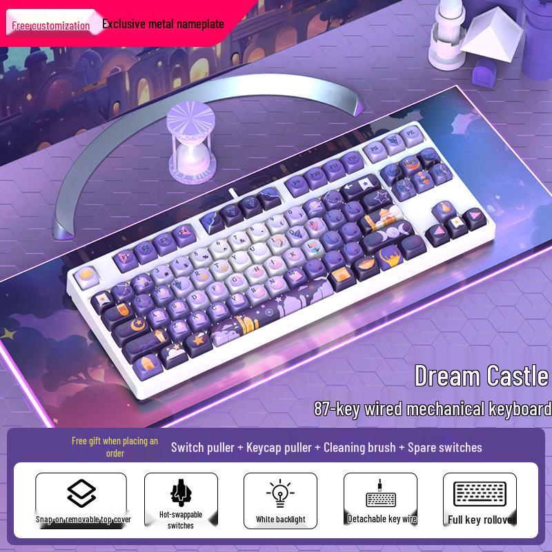 Moa Theme 87-Key Wired Mechanical Gaming Keyboard – Cute PBT Design for Office or E-sports