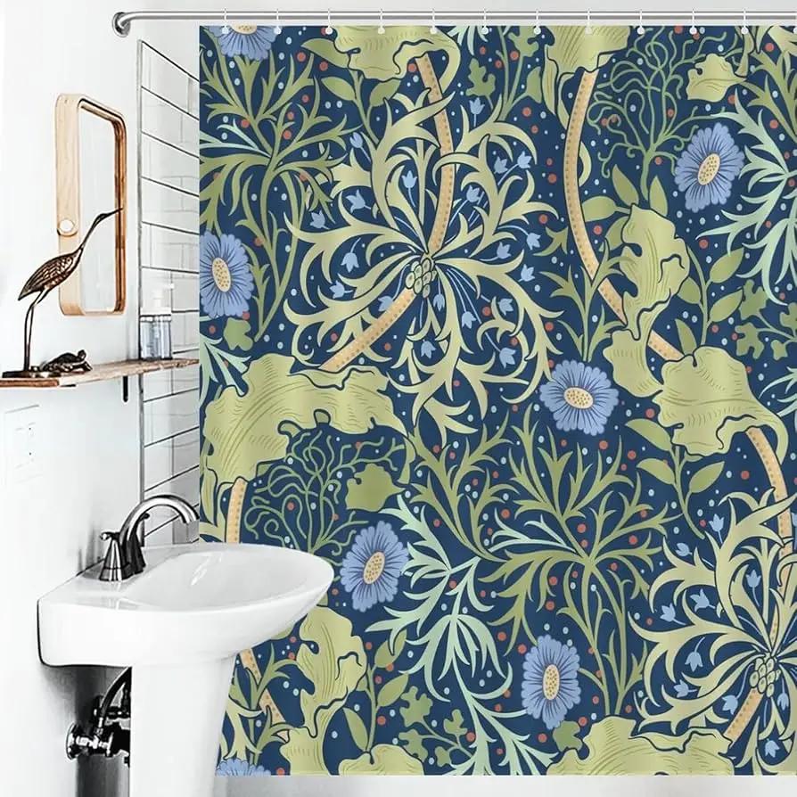 Exquisite Floral and Bird Pattern Print Water-resistant Shower Curtain with Vintage Design for Elegant Bathroom Decor