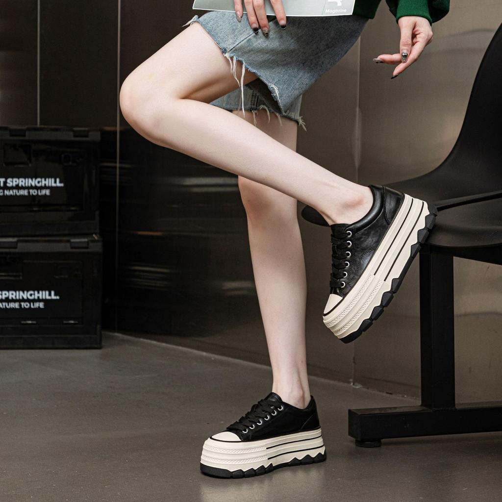 Leather Thick-soled Heightening Muffin Shoes for Women 2025 Autumn New Casual Board Shoes, Leather Versatile Fashion Casual Shoes for Women