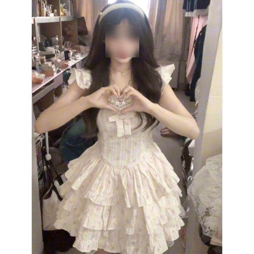 Lace patchwork small flying sleeve floral dress for women summer casual waist slimming fugitive princess A-line short