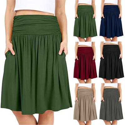 Women Regular Skirt With Pockets Below The Knee Length Solid Color Ruched Flowy Midi Skirt