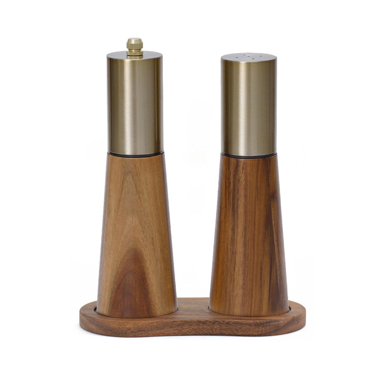 Leeseph Acacia Wood Salt Shaker and Pepper Grinder Set with Wood Base, Stainless Steel Manual Salt Shaker and Pepper Mill золотой