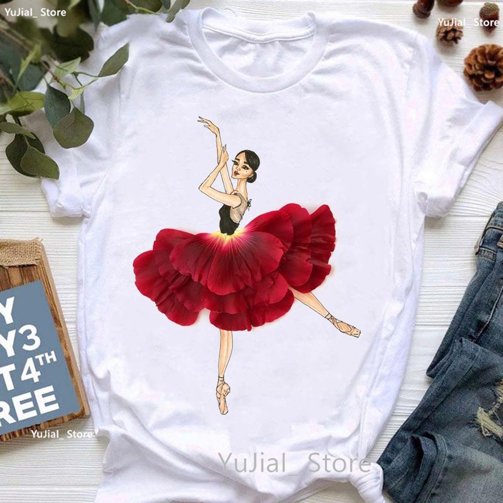 Rainbow Ballet Dancer Print T Shirt Girls Gymnast Lover Tshirt Unisex Watercolor Flowers Tshirt Femme Summer Short Sleeve Tops