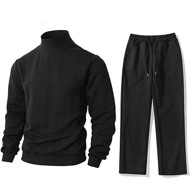 Autumn and Winter Sweater Knitwear Daily Solid Color Men's Fashion Jacquard Turtleneck Warm Top Set