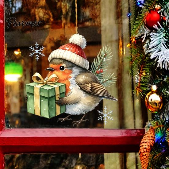 Waterproof PVC Glass Film Christmas Bird Static Window Clings, Decals with Santa Hat And Decorative Stickers for Home Gift Box, Removable Holiday Door