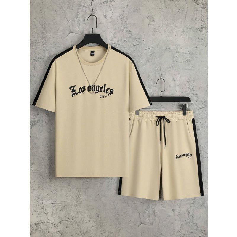 Street Trend Men's Suit Simple Letter Printed Flower Color Round Neck Short Sleeve Shorts Fashion Casual Two Piece Suit Clothing