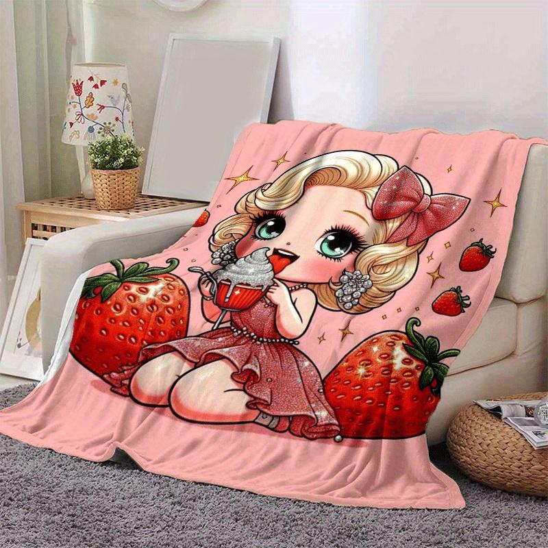 1pc Strawberry Printing Lightweight Flannel Blanket, Comfortable and Warm Blanket, for Camping Sofa Bed and Couch Office, Gift