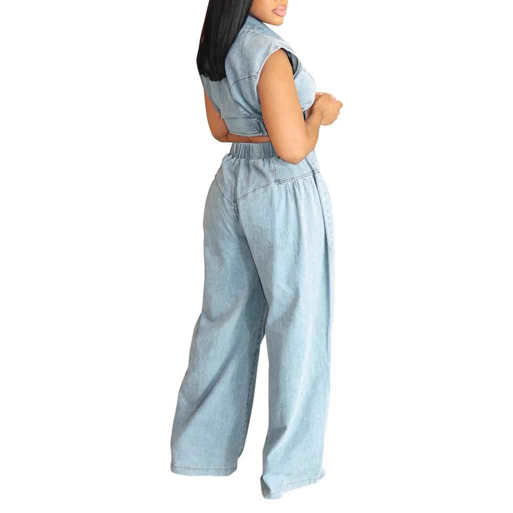 European and American Women's Sleeveless Denim Jeans Two-Piece Suit - Sexy, Loose, Straight Leg Summer Outfit