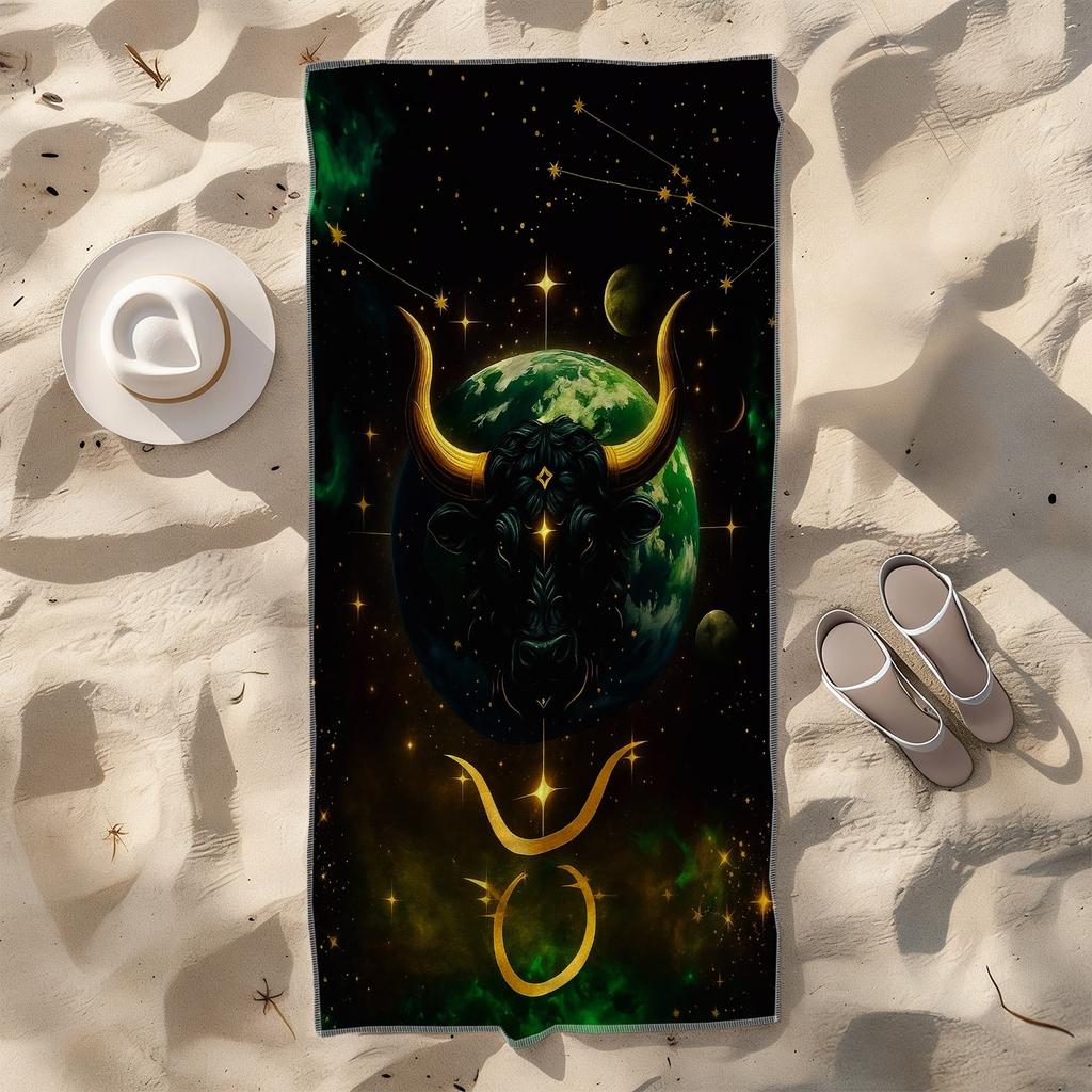 1Pc Taurus Zodiac Beach Towel Constellation Print Cosmic Bull Design Quick Dry Soft Microfiber Bath Towel For Astrology Fans