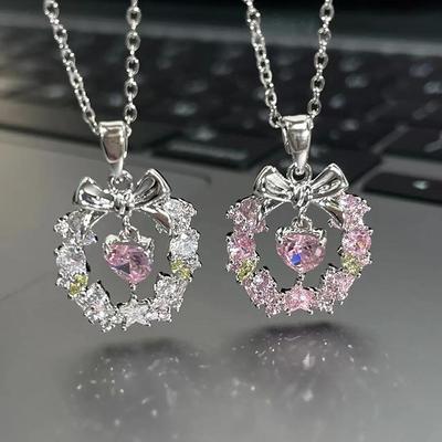 Delicate Y2K Jewelry Sweet Bowknot Pendant Necklaces Pink  Heart Clavicle Chains For Women Christmas Wreath Necklace