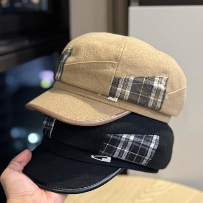 New Korean Style Plaid Color Blocked Beret Hat for Women In Autumn and Winter Versatile Face Showing Little British Retro Painter Hat Octagonal Hat