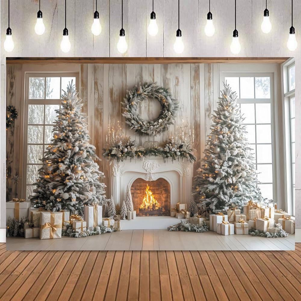 Christmas Classic Interior Room Scene Photo Backdrop Fireplace Xmas Tree Gifts Doll Bears Family Party Photography Background12
