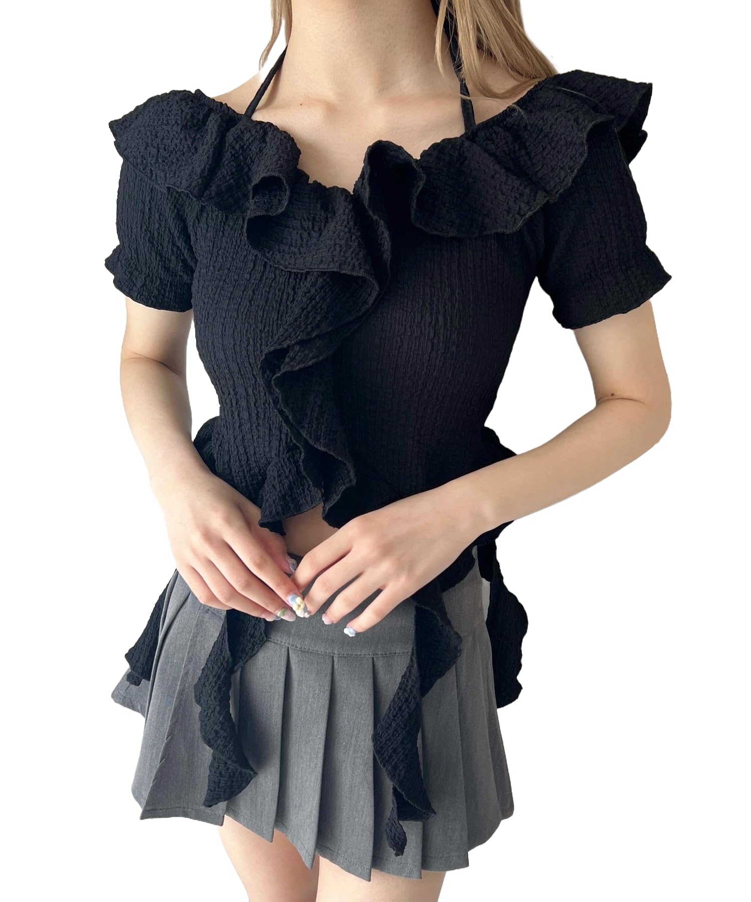 

WEGO PHILLY Ruffled Hem Design Size Black Top, Women s, Summer, F, чёрный