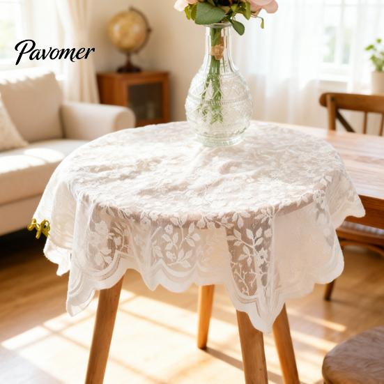 Machine Washable Tablecloth Floral Lace Tablecloth, Square White Doily, Vintage Scalloped Table Easy Clean Cloth Cover for Nightstand Coffee Tea Party
