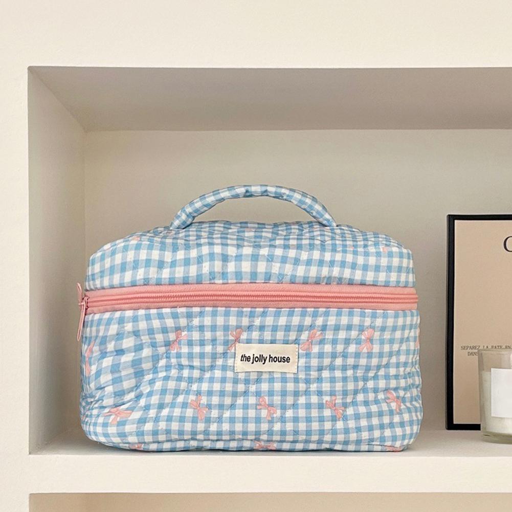 Checkered Cute Bow Travel Makeup Pouch with Zipper Toiletry Bag Cotton Quilted Cosmetic Organizer Case for Women and Girls