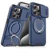 For iPhone 15 Pro Magnetic Phone Case Slide Lens Protection Ring Kickstand TPU+PC Cover