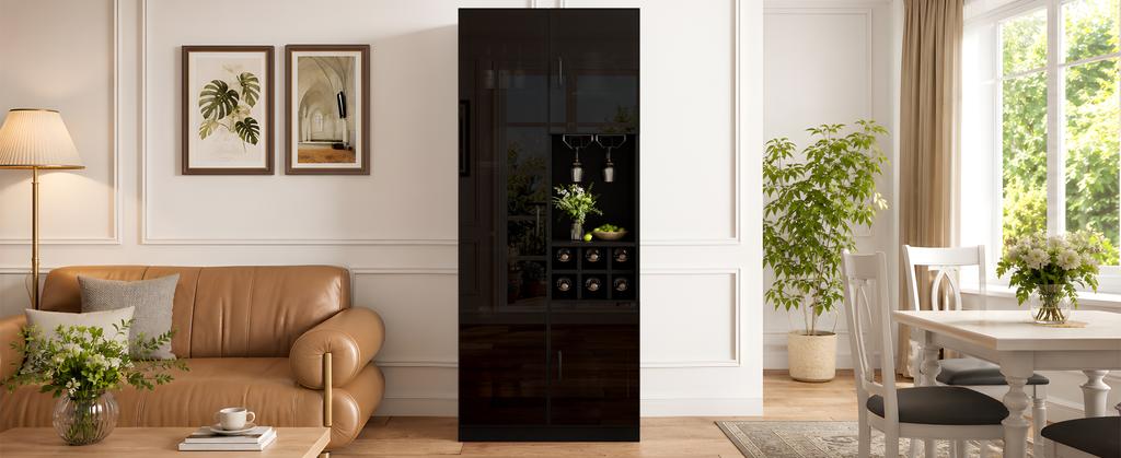 Vitrine mit LED-Beleuchtung App-Steuerbar, Glasschrank mit Glastüren, Weinregal und Stauraum, Wohnzimmerschrank