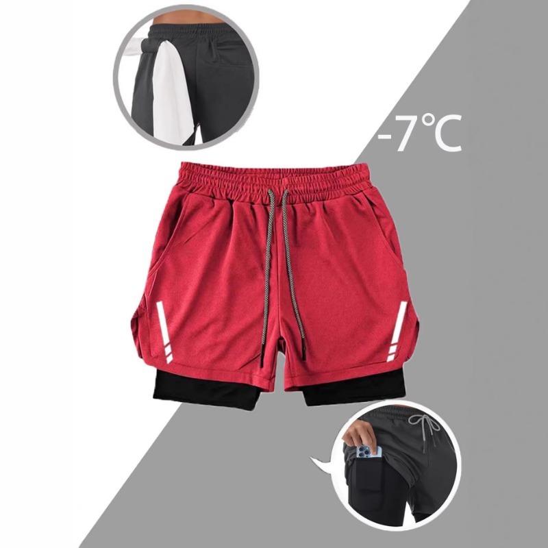 Men 2 In 1 Printed Quick Dry Sports Shorts Gym Workout Outdoor Shorts With Towel Hanging