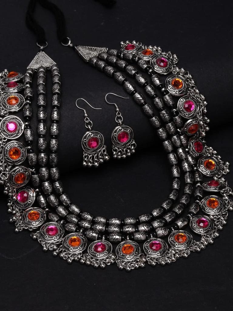 Latest Stylish Fancy Oxidised Silver Tribal Necklace Jewellery Set for Women Multicolor, One, Pure Silver, No Gemstone