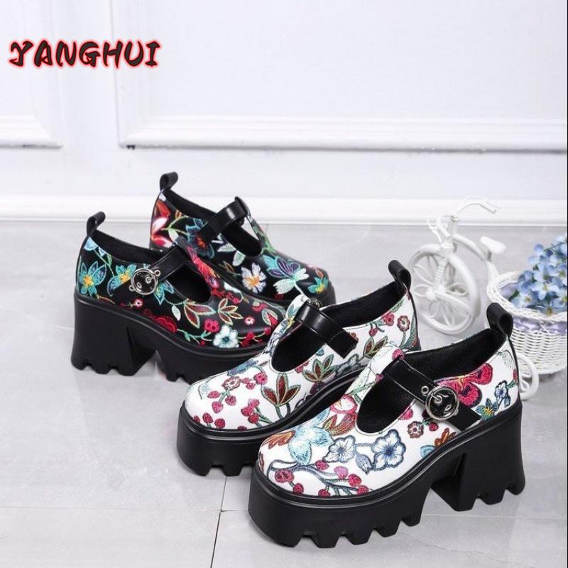 Spring and Autumn New Fashion Retro Printed Small Leather Shoes Women's Comfortable Versatile Thick Sole Thick Heels Shoes Mujer