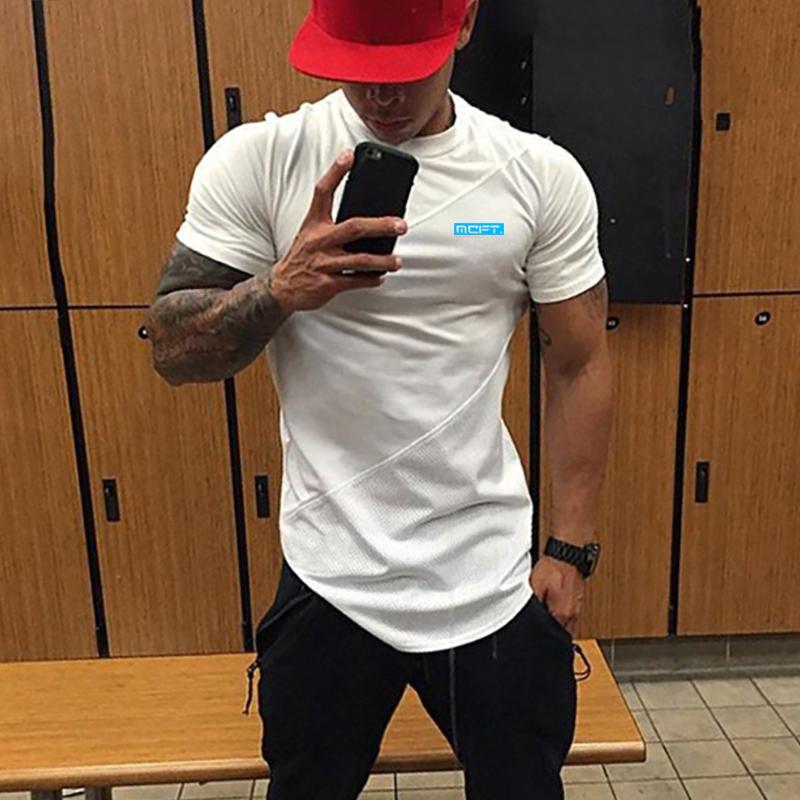 Muscleguys Nuovi Top Stampati da Uomo Patchwork Cotone&Mesh T-shirt Fitness Bodybuilding Manica Corta Traspirante Allenamento Abbigliamento da Palestra