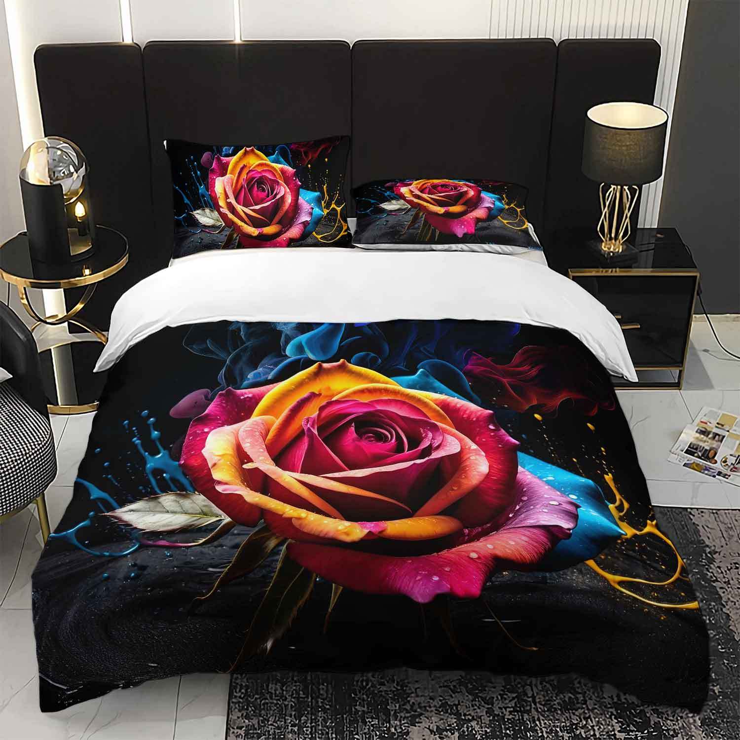 3pcs Rainbow Rose Bedding Duvet Cover Set Abstract Rose Bedding Quilt Set Modern Floral Themed Bed Quilt Set Artistic Rose (135x200cm)