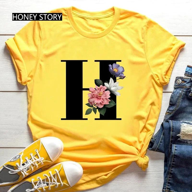 Women's Summer Short Sleeve T-Shirts Fashionable Casual Round Neck 26 English Letters Flower & Name Letter Printed Cotton T-shirts