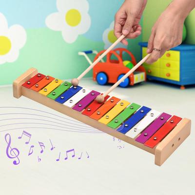 15 Note Glockenspiel Xylophone Wooden Base Colorful Aluminum Bars with 2 Mallets Educational