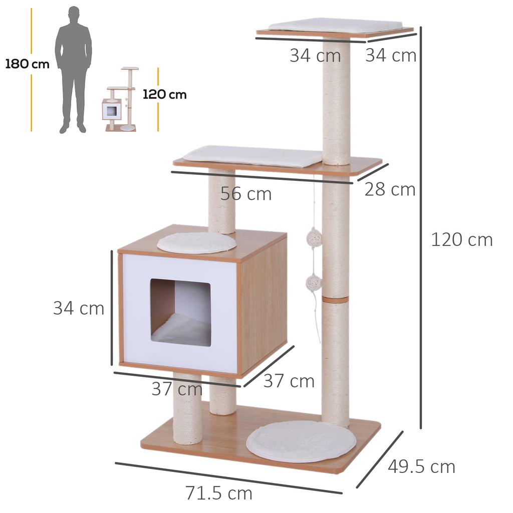 Cat Scratching Post Height 120cm with Kennel, Platforms and Sisal Toys, MDF 71.5x49.5x120cm Wood, White