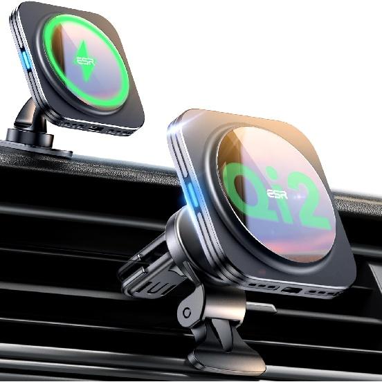 

ESR для Qi2 Автомобильное зарядное устройство MagSafe мощностью 15 Вт, сертифицированное Qi2 автомобильное зарядное устройство MagSafe, магнитное беспроводное автомобильное зарядное устройство для вентиляционного отверстия/приборной панели, автомобильный