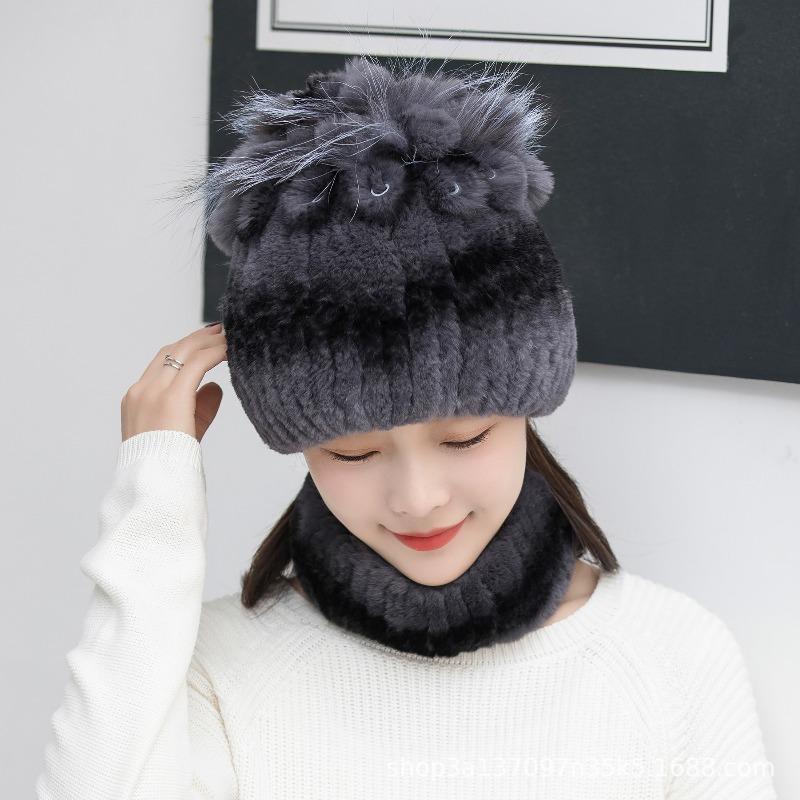 New Women's Rex Rabbit Hair Hat Winter Thickened Warm Fashion Versatile Elastic Fur Woven Hand Sewn Knitted Hat