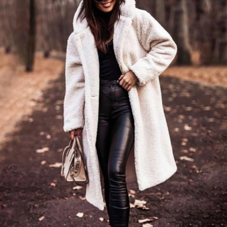 Winter Plush Hooded Long Coat Women Solid Color Long Sleeve Autumn Single Button