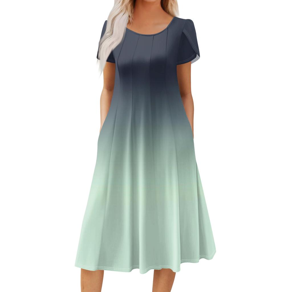 Women's Casual Fashion Round Neck Printed Short Sleeve Pocket Dress