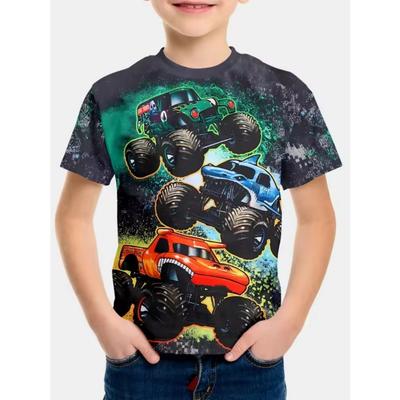 3D Digital Print Kids Stylish Truck Cartoon Animal Pattern T-Shirt Boys Short Sleeve Crew Neck Casual T-shirts
