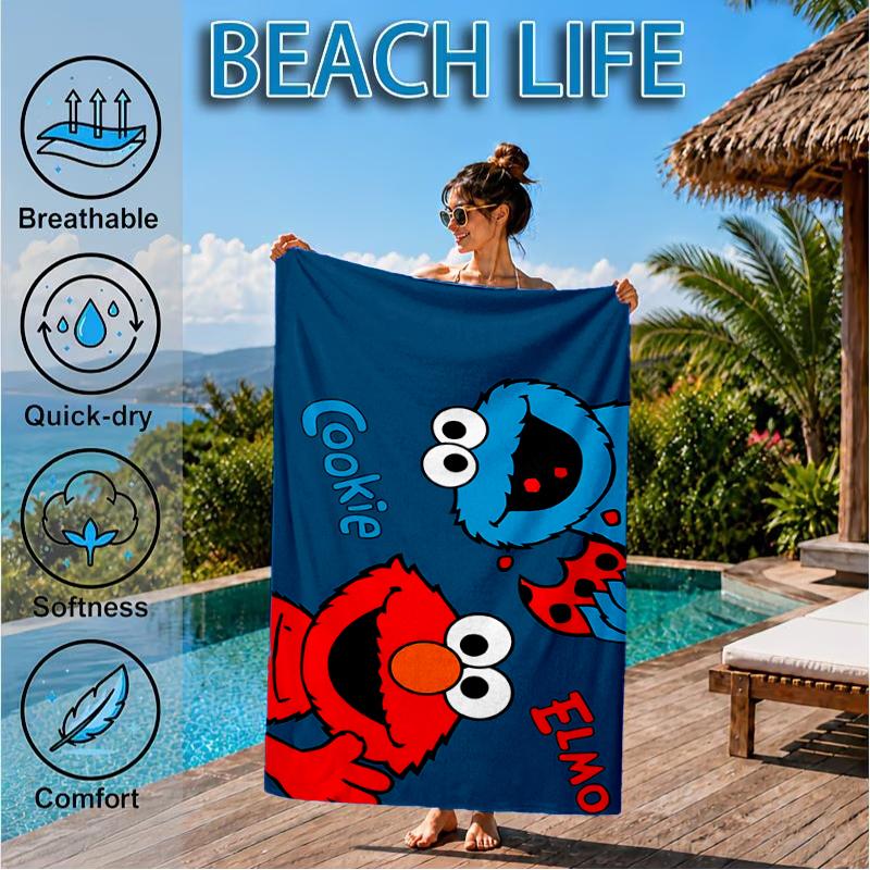 Elmo And Cookie Sesame Friends Beach Towel, Super Soft Microfiber, Perfect Gift for Her/Him, Birthday, for Pool, Beach, Travel, Decor Beach Party