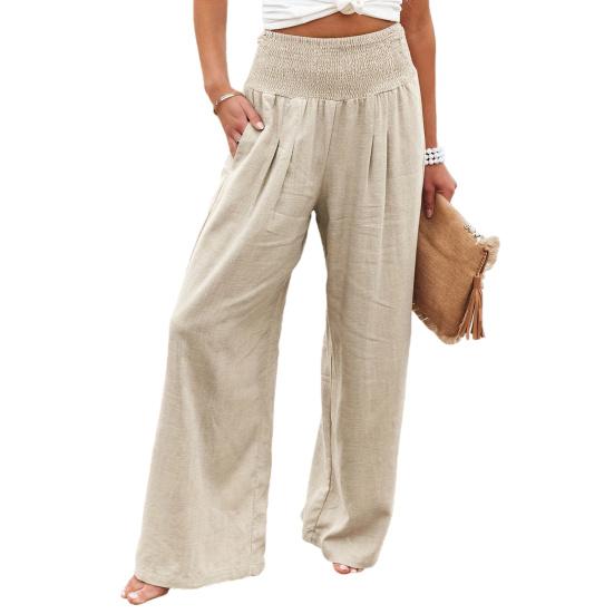

Women Pants Pleated Elastic High Waist Wide Leg Trousers with Pockets Pure Color Loose Fit Spring Casual Long Pants M абрикосовий