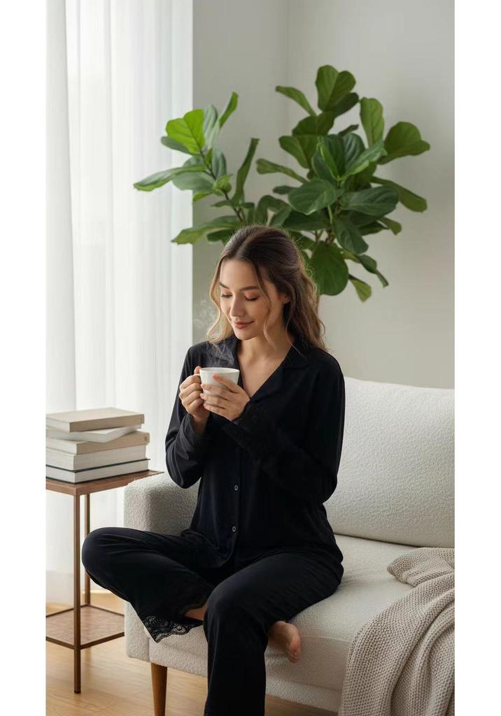 Modal Flower Long-Sleeve Pajama Set - Women's Two-Piece Solid Color Loungewear