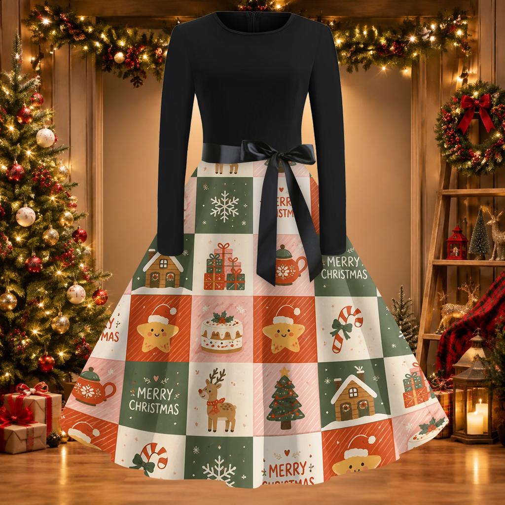 Women's Casual Christmas Print Long Sleeve Round Neck Slim Fit Flared Party Dress
