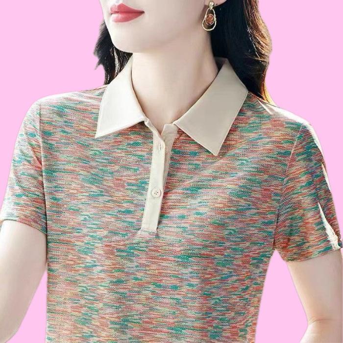 Nové letní tričko s krátkým rukávem pro ženy s límečkem, polokošile, módní ležérní sportovní top pro střední věk